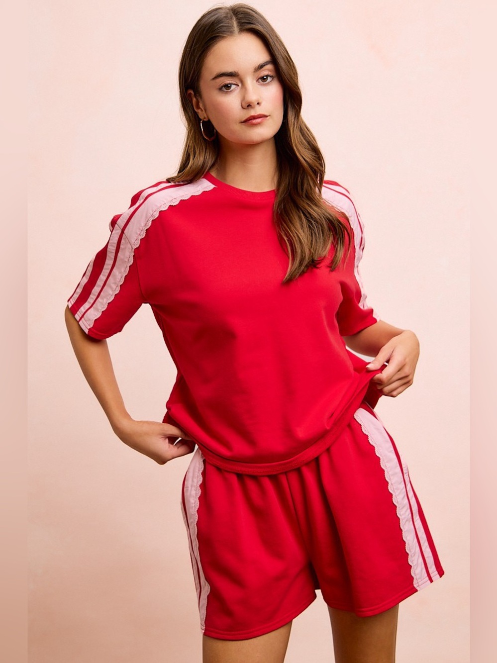 BiBi French Terry Side Lace Detail Short Sleeves Top - Picture 2 of 15